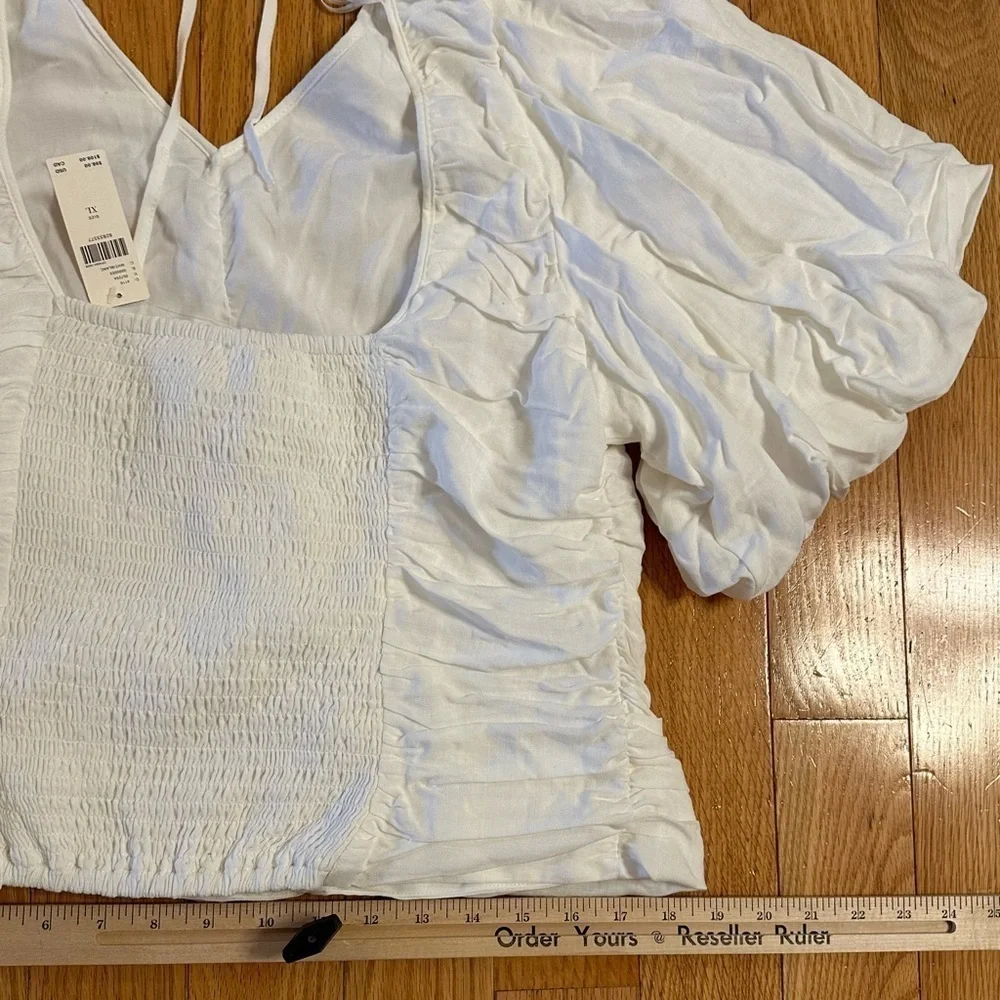 Anthropologie Pilcro Ruched Puff-Sleeve Top XL White Tie String Back New